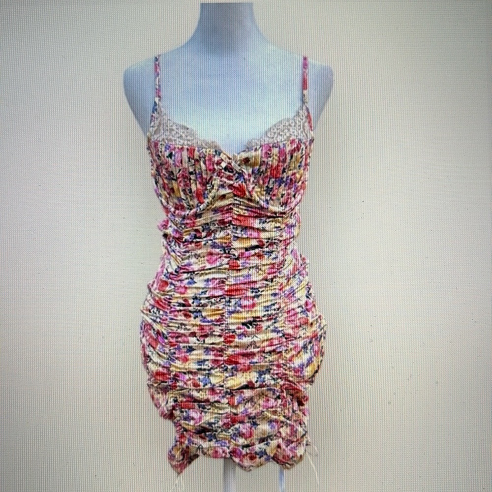 Strangers & Lovers Yellow Floral Satin Rouched Mini Dress